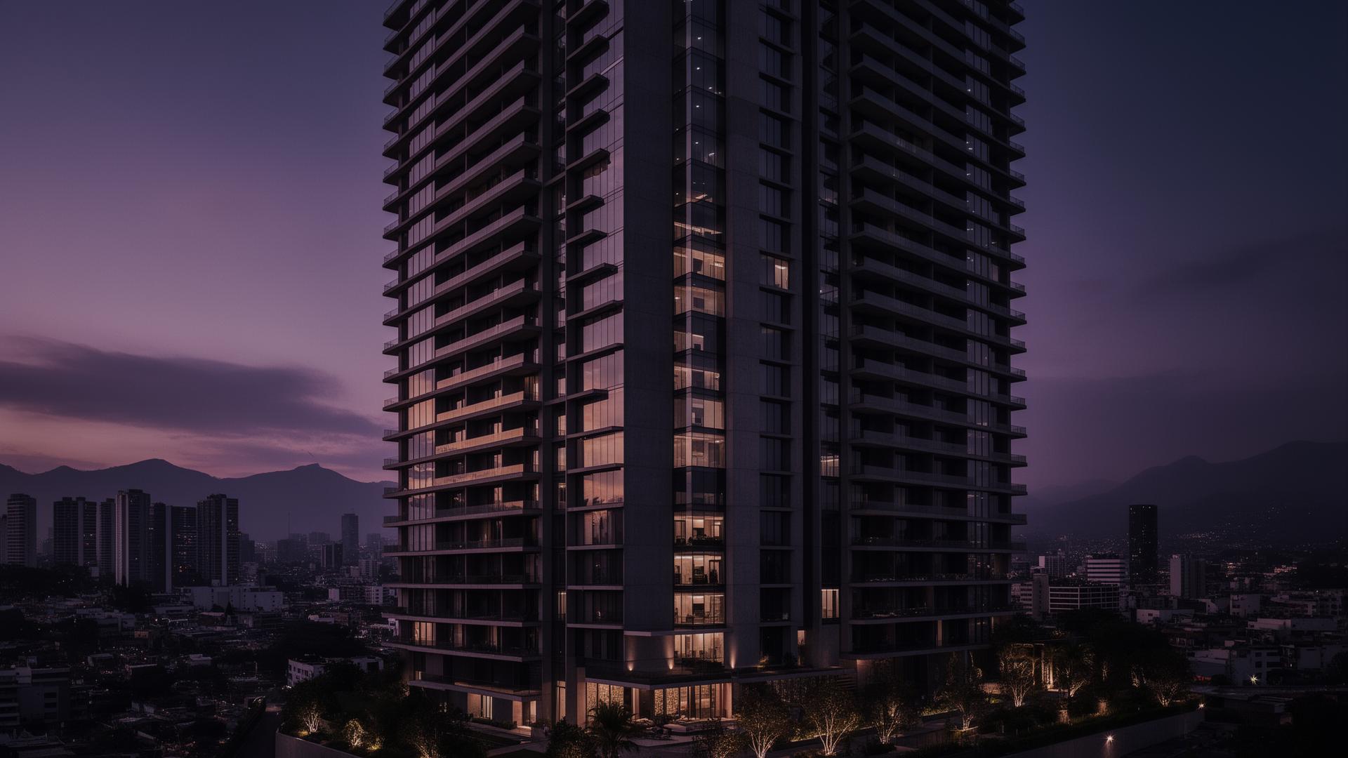 Torre residencial de BFC al anochecer en Ciudad de Guatemala